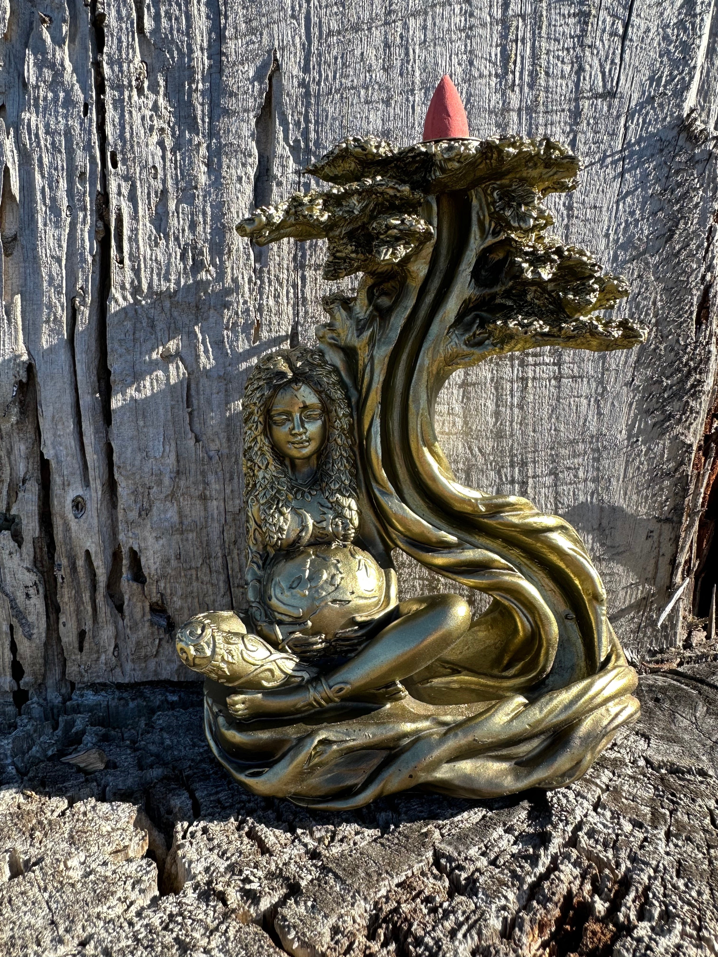 Earth Mother Gold Painted Resin BackflowBurner Garden Statue